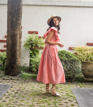 Riwaka  Ruffle Sleeve Tiered Dress (Salmon)