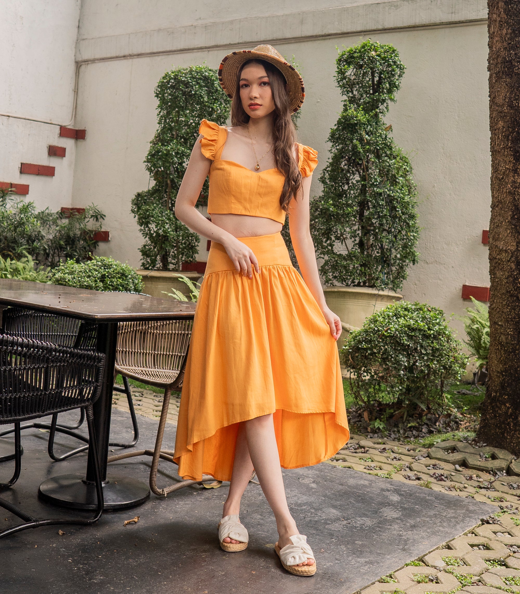 Hikuai Crop Top and Mullet Skirt Set (Tangerine)