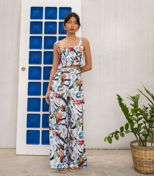 Marana Tha Morelia Sleeveless Pleated Crop Top and Pants Set (Woodsy Print)