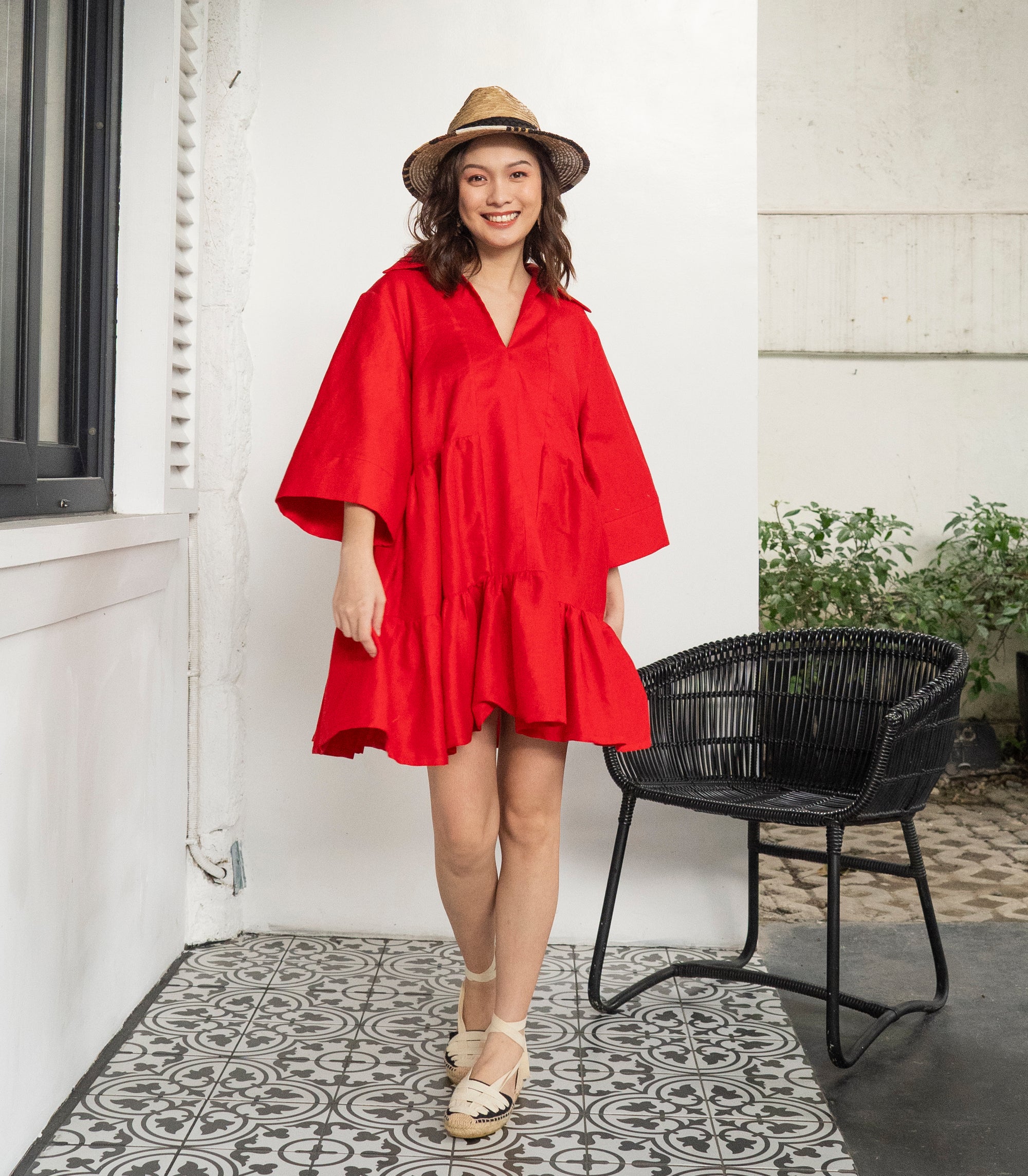 Orealla Kimono Sleeve Tiered Dress (Cherry)