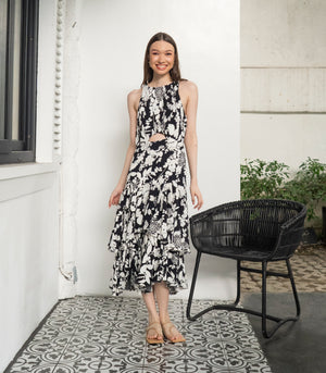 Azura Halter Layered Dress (Black and White Floral)