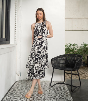 Azura Halter Layered Dress (Black and White Floral)