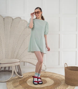 Casita Danara Puff Sleeve Mini Dress (Mint Stripes)