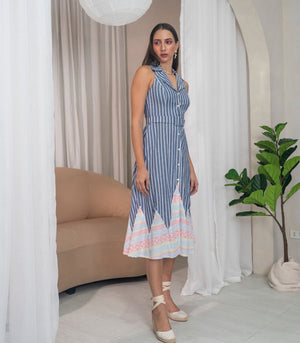 Marana Tha Cartagena Buttondown Dress (Denim Stripe w/ Multi Print Combi)