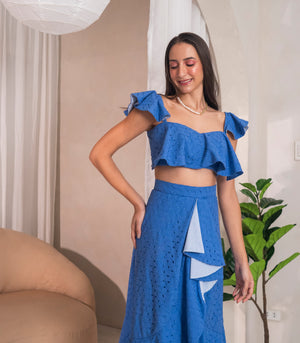 Marana Tha Camucia Off-the-Shoulder Flounce Crop Top and Skirt (Blue)