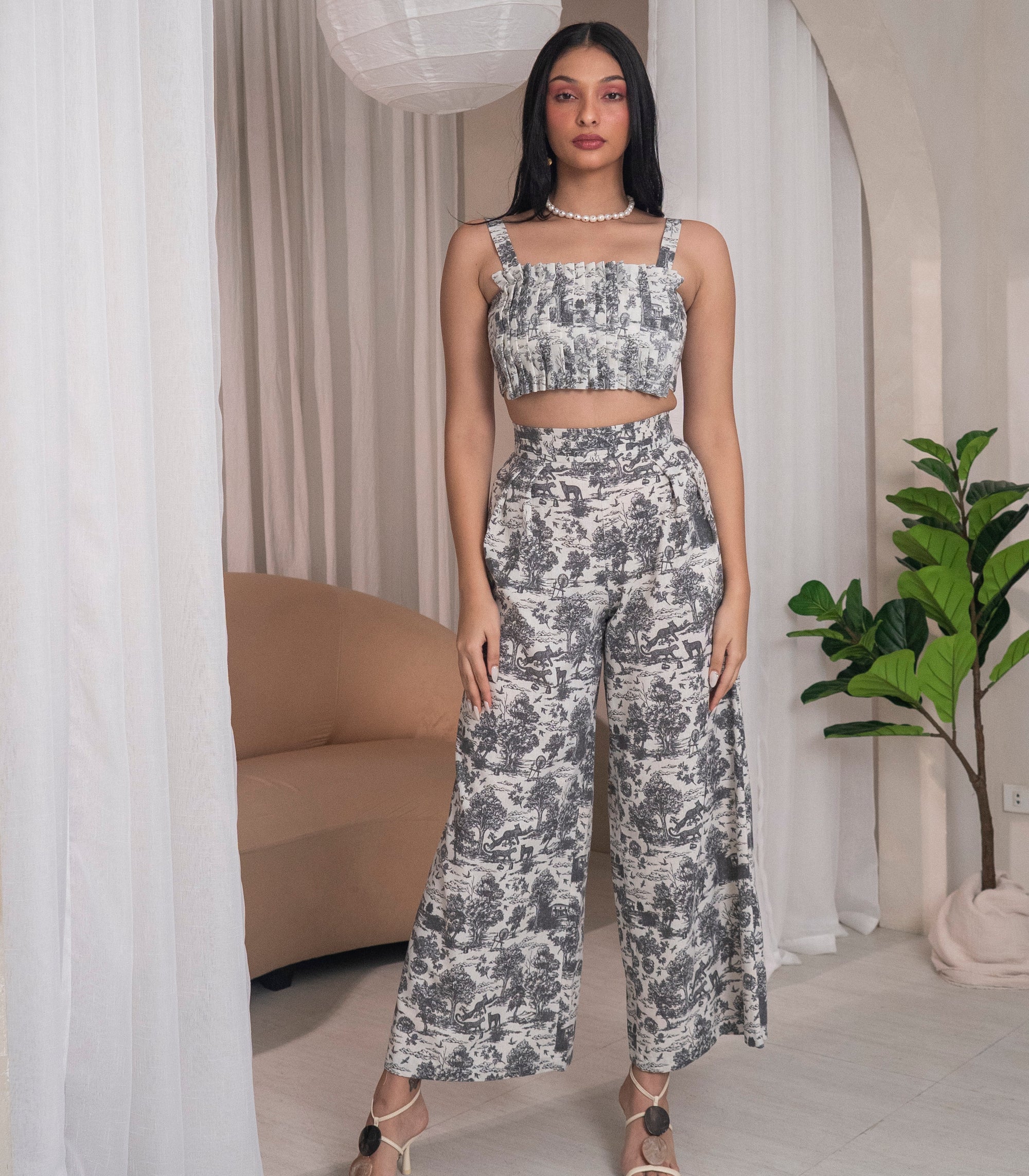 Marana Tha Morelia Sleeveless Pleated Crop Top and Pants Set (Black Toile)