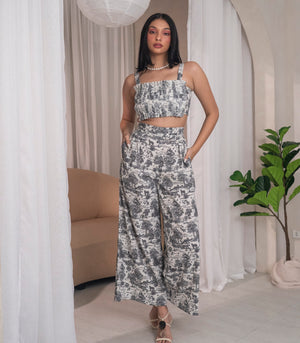 Marana Tha Morelia Sleeveless Pleated Crop Top and Pants Set (Black Toile)