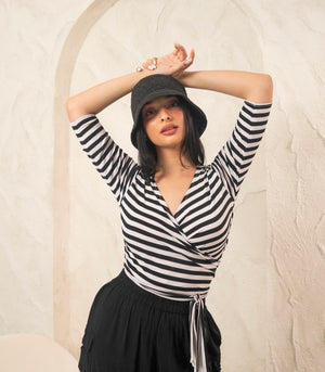 Florence Fling Flow Active Wrap Top (Black & White Stripes)