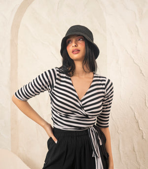 Florence Fling Flow Active Wrap Top (Black & White Stripes)