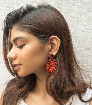 Monstera Acrylic Drop Earrings - Scarlet